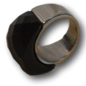 Bold Faceted Nirvana Black Crystal Statement Wide Band Cocktail Ring Size: 8